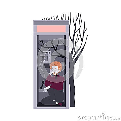 Loneliness with Lonely Man Character Sitting in Phonebooth Feeling Depression and Sadness Vector Illustration Stock Photo