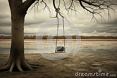 Loneliness portrayed an empty swing hanging on a tree in a surreal natural landscape Cartoon Illustration
