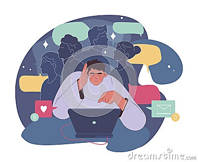 Loneliness. Unhappy person, astronaut left alone in space. Character Vector Illustration
