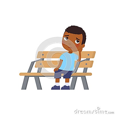 Lonely African boy is bored. Sad little Dark skin kid. Unhappy child sitting on bench. Vector Illustration