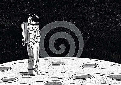 Lonely astronaut in spacesuit standing on surface of Moon and looking at space full of stars. Cosmonaut exploring planet Vector Illustration