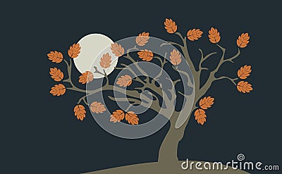Lonely autumn tree with the moon Vector Illustration