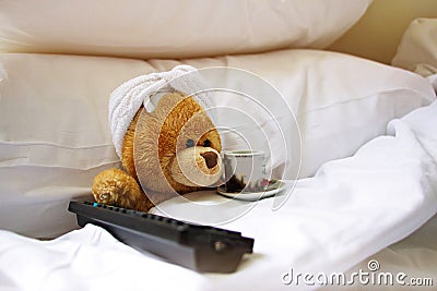 Lonely bear in bed Stock Photo