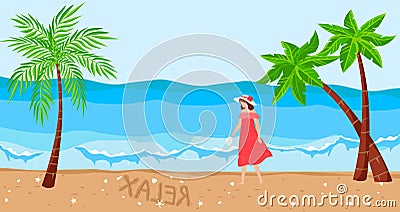Lonely beautiful girl in a red dress walks along the sea or ocean young woman character walking at sand, holiday travel Vector Illustration