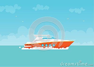 Lonely beautiful sailing yacht floats in the open ocean Vector Illustration