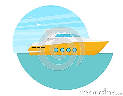 Lonely beautiful sailing yacht floats in the open ocean Vector Illustration