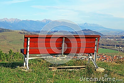 Lonely bench & High Tatras mountains Stock Photo