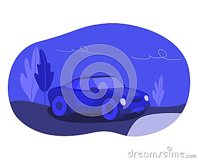 Lonely blue colored car on an empty night road Cartoon Illustration