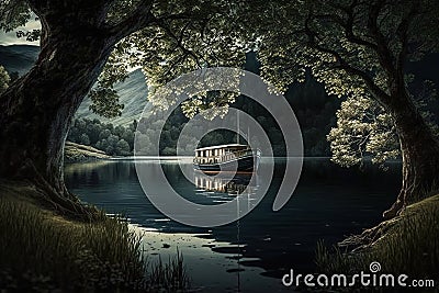 A lonely boat near the shore of a beautiful lake. A bridge on an island. Stock Photo