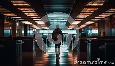 Lonely businessman standing in dark subway, waiting for transportation generated by AI Stock Photo