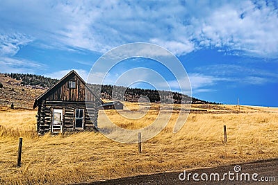 Lonely Cabin surrounded by golden fields. Stock Photo