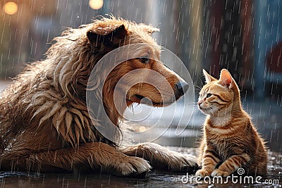 Lonely Cat and Dog Sitting Together During Rain Outside Stock Photo