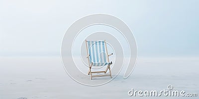 Lonely chair on white sand of tranquil beach of sea covered with mist. Generative AI Stock Photo
