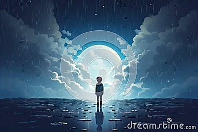 lonely child stand in rain AI generated Cartoon Illustration