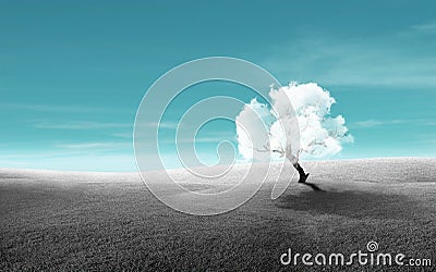 Lonely cloud tree standing on green grass meadow field. Stock Photo