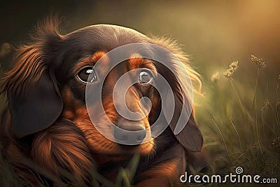 lonely cute dachshund dog sitting on grass with sad face Cartoon Illustration