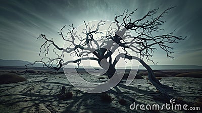 Lonely dead tree in a desert landscape at twilight Stock Photo