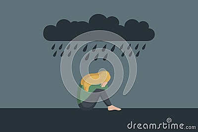 lonely depressed girl sitting alone in the rain Vector Illustration