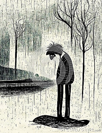 lonely, depressed man, rainy cartoon artwork, ai generated image Stock Photo