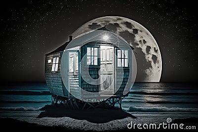 lonely double exposure of boat against background of moonlit ocean outside romantic beach hut Stock Photo