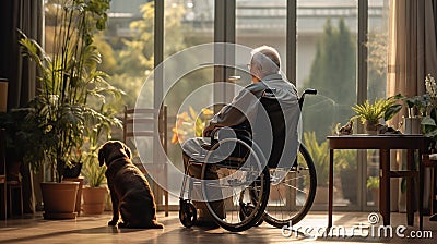 A Lonely Elderly Man and His Faithful Dog in the Nursing Home. Generative AI Stock Photo