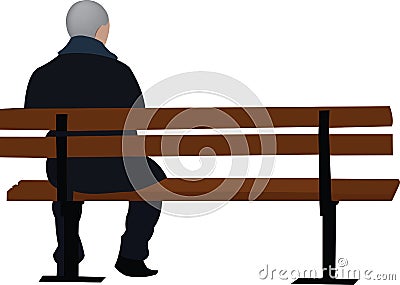 Lonely elderly person with the stick sitting on it wooden bench Vector Illustration