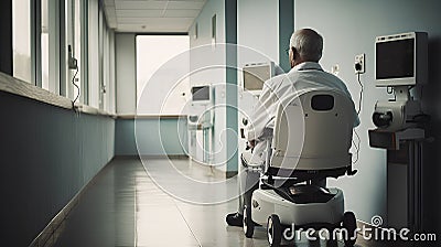 A lonely elderly person in a wheelchair in the corridor of a nursing home or hospital. Generative ai. Stock Photo