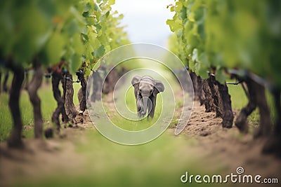 lonely elephant calf walking with a backdrop of vines Stock Photo
