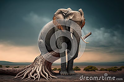 Lonely elephant sitting on a tree branch. Generative AI Stock Photo