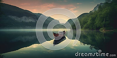 empty fisher boat floating on a calm surface of Lake Stock Photo