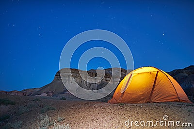 Lonely evening camping in canyons Stock Photo