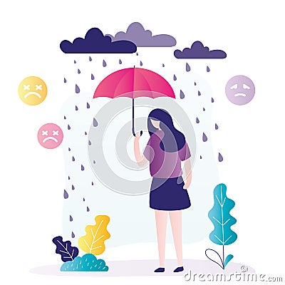 Lonely female character standing in heavy rain. Woman experiences different negative emotions, stress. Upset girl suffering from Vector Illustration