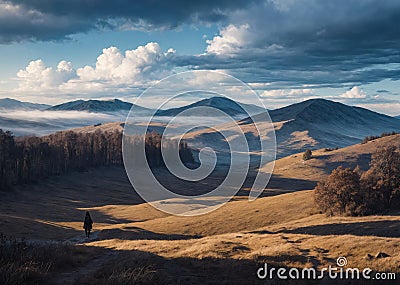 A lonely figure of a man against the backdrop of the endless expanses of nature. Generative AI Stock Photo