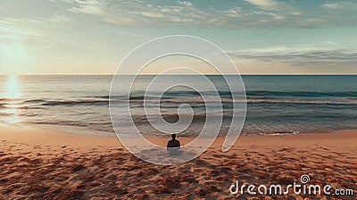 lonely figure sitting on the shore of an empty beach, where the endless sea expresses its inner void Cartoon Illustration