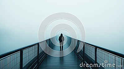 Lonely figure walking on misty bridge, shrouded in fog, atmospheric and eerie, solitary person, mysterious scene Stock Photo