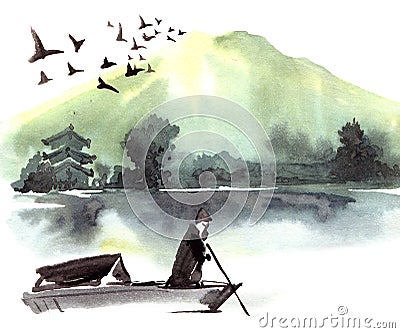 Lonely fishman in the boat Cartoon Illustration