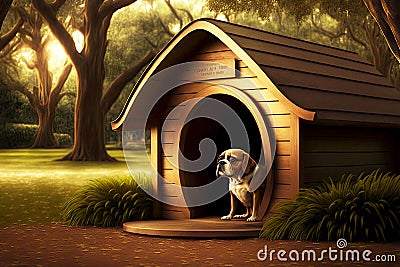 Lonely funny pet in wooden doghouse in garden Stock Photo