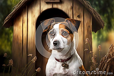 Lonely funny pet in wooden doghouse in garden Stock Photo