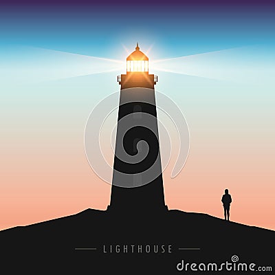 Lonely girl by the lighthouse in the dark Vector Illustration