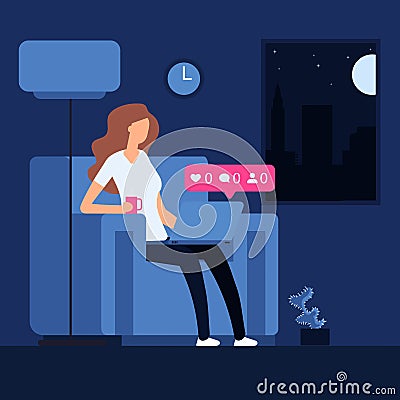 Lonely girl at night with laptop. Loneliness vector concept Vector Illustration