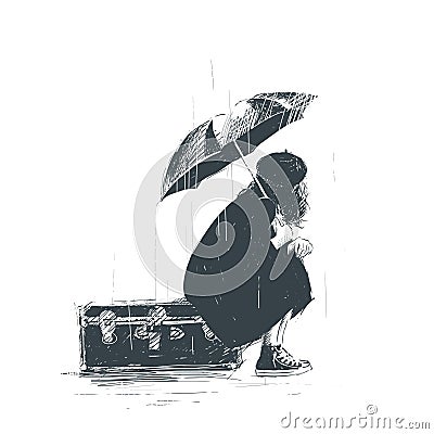 Lonely girl is sitting on the luggage with an umbrella in her hands during the rain. Vector Illustration