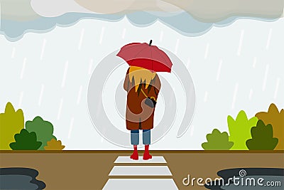 A lonely girl with an umbrella in the rain stands alone on the street. The concept of mental health problems, grief Vector Illustration