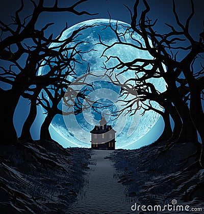 Lonely House and Dark Trees against Big Blue Moon Cartoon Illustration