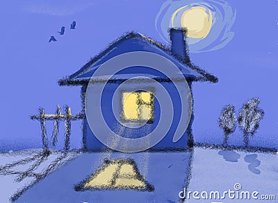 Lonely house at midnight Cartoon Illustration