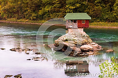 Lonely house on the river Drina in Bajina Basta, Serbia Stock Photo