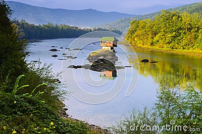 Lonely house on the river Drina in Bajina Basta, Serbia Stock Photo