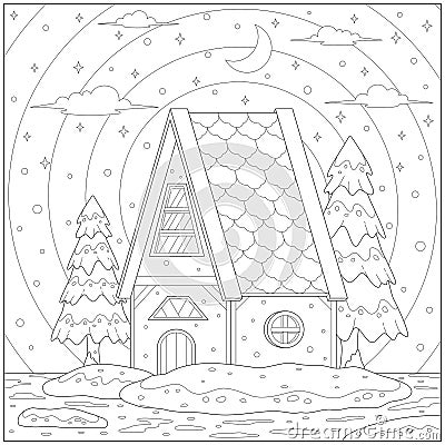 Lonely house in the tiny island with tree in the snowy season. Learning and education coloring page Vector Illustration