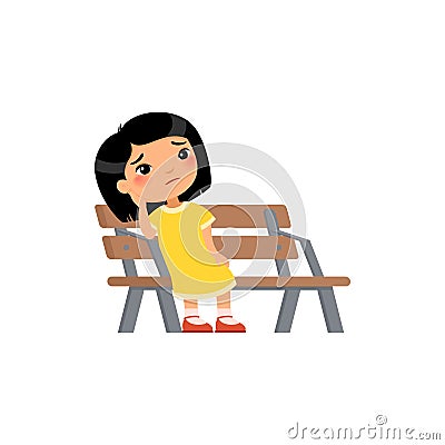 Lonely kid girl is bored in the playground. Sad little asian girl. Vector Illustration