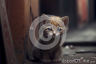 A lonely kitten abandoned in an alley, its big eyes full of sadness as it looks for a way out, ai illustration Cartoon Illustration