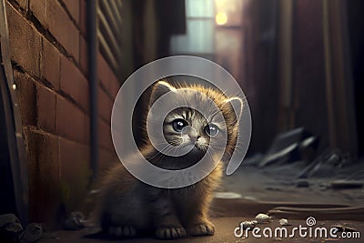 A lonely kitten abandoned in an alley, its big eyes full of sadness as it looks for a way out, ai illustration Cartoon Illustration